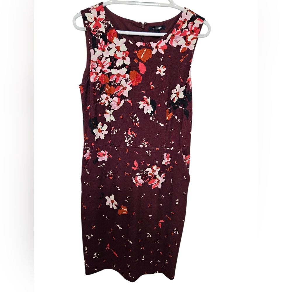 Lands' End Maroon Sheath Pencil Dress with Pink & Cream Floral Print